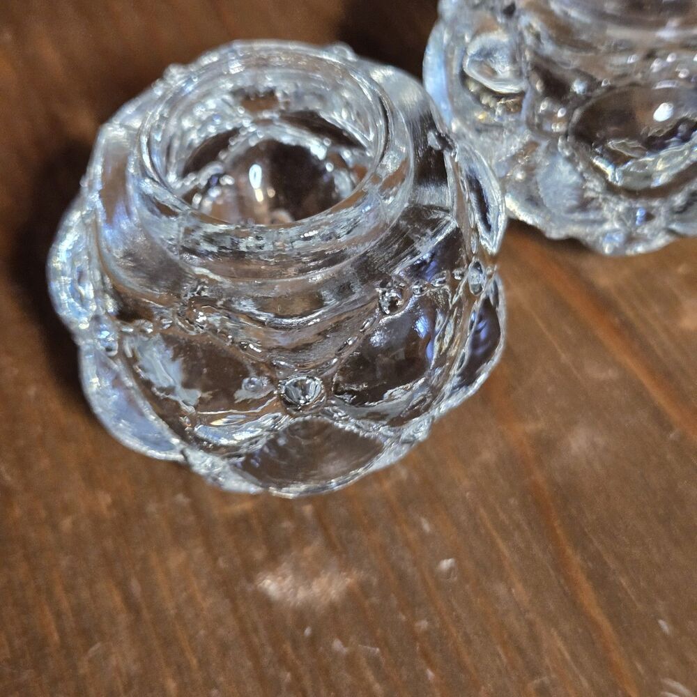 2 Small Round Clear Glass Bubble Candlestick Holders, 2"
